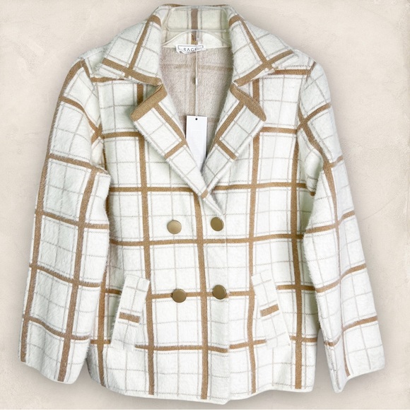 NWT Sage The Label Double Breasted Window Pane Soft Furry Pea Coat Women’s Sz S - Picture 1 of 10